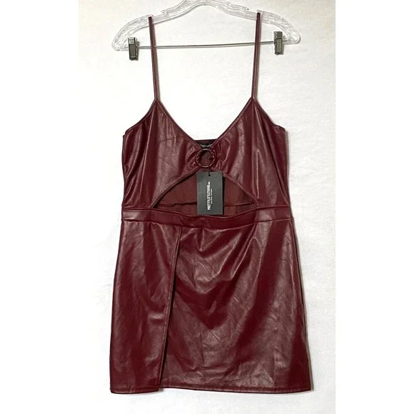 knee length dresses for ladies Burgundy Spaghetti Strap Lace Patchwork PU Faux Leather Mini Dress Burgundy / L main image 0